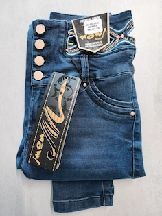 Jean WOW azul oscuro con botones dorados y acabado colombiano premium
