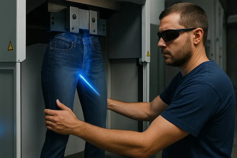 Especialista en lavado láser Carlos Mendoza trabajando en jeans colombianos premium