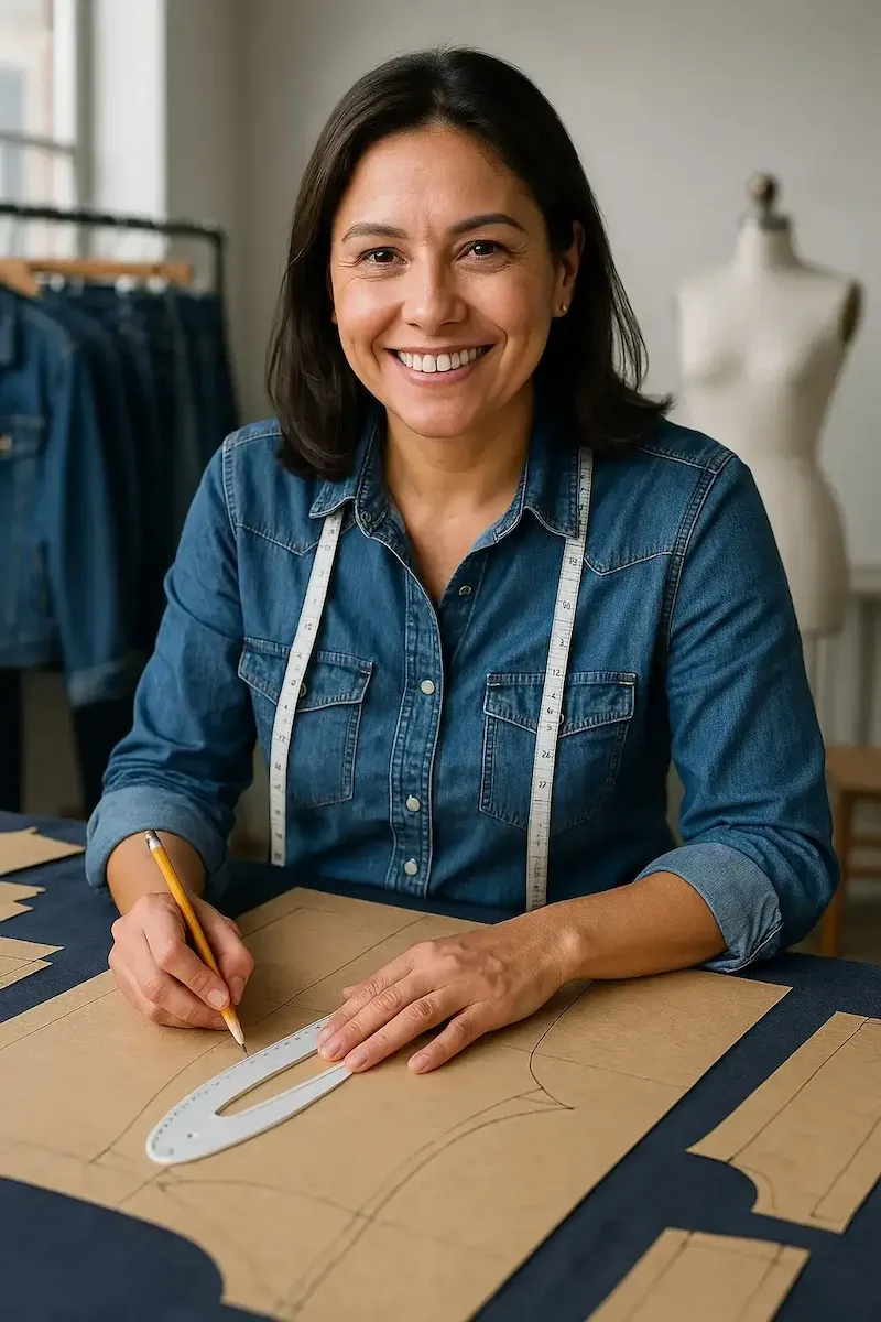 Maestra patronista María Rodríguez trabajando en patrones anatómicos para jeans colombianos